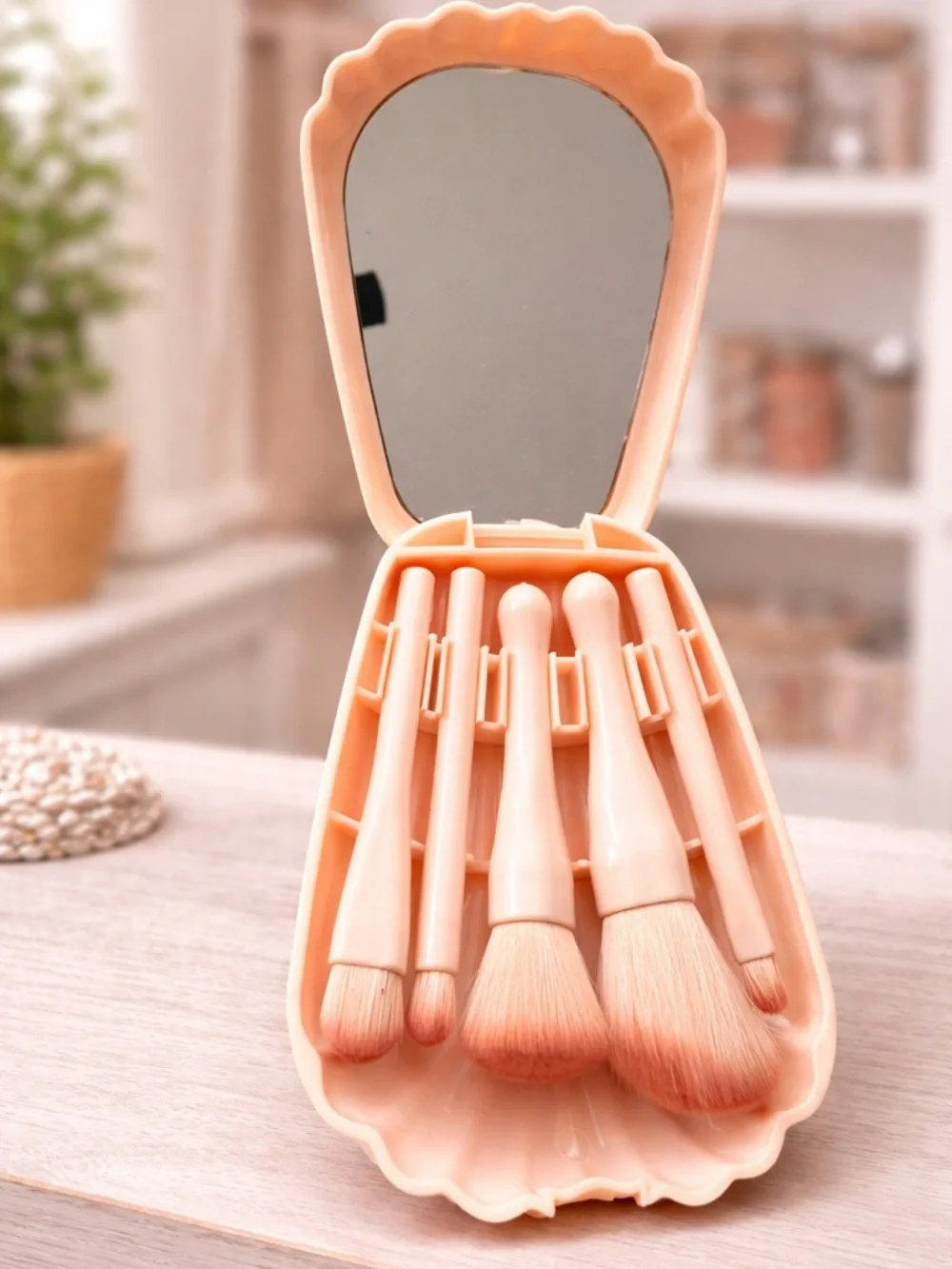 Peach Pink Compact Makeup Brush Set with Mirror